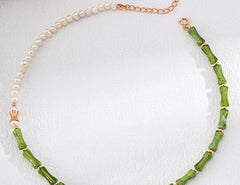 Gentle Wave | Bamboo-Inspired Pearl and Green Gemstone Necklace & Bracelet Set D0533-2