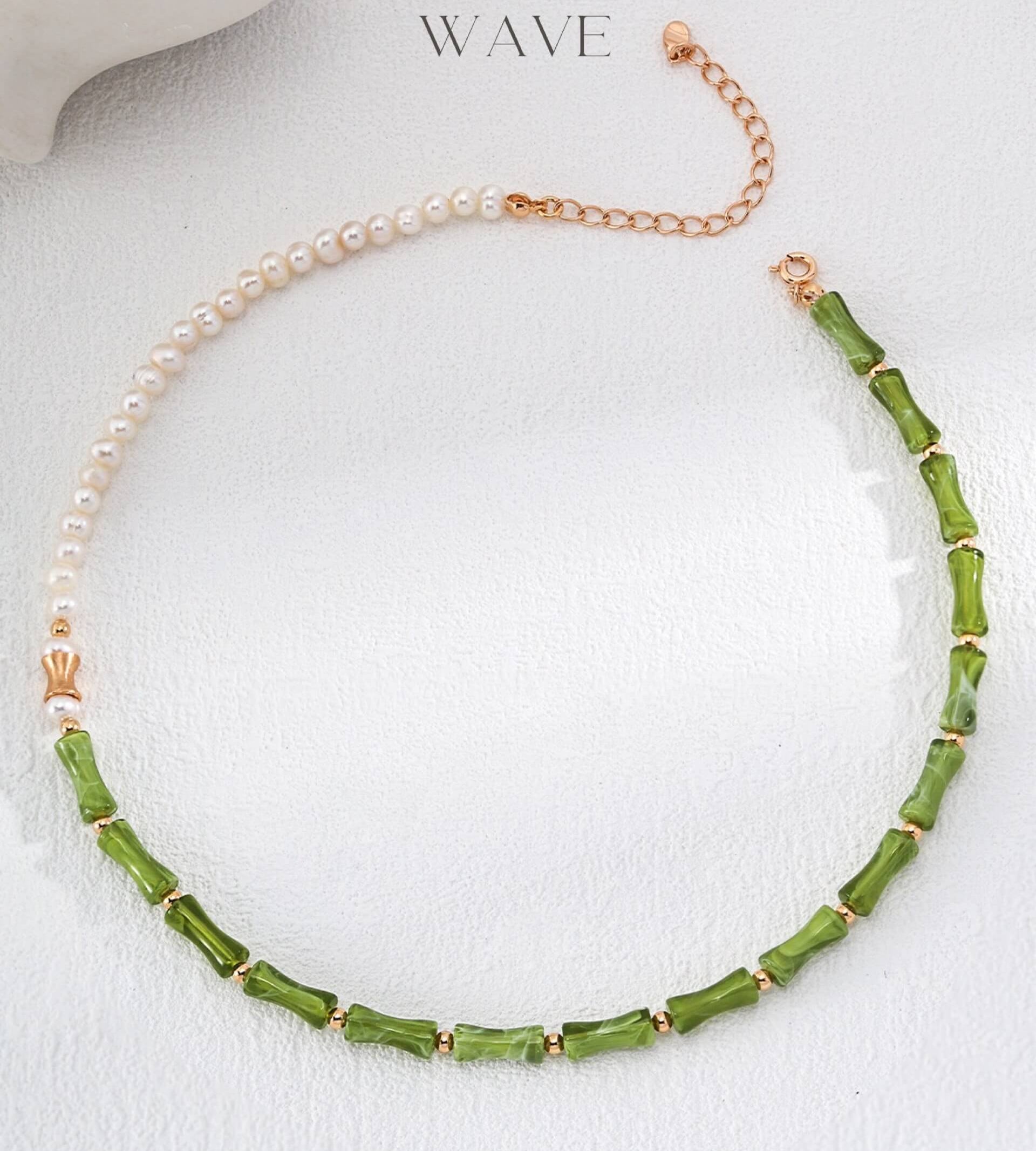 Gentle Wave | Bamboo-Inspired Pearl and Green Gemstone Necklace & Bracelet Set D0533-2