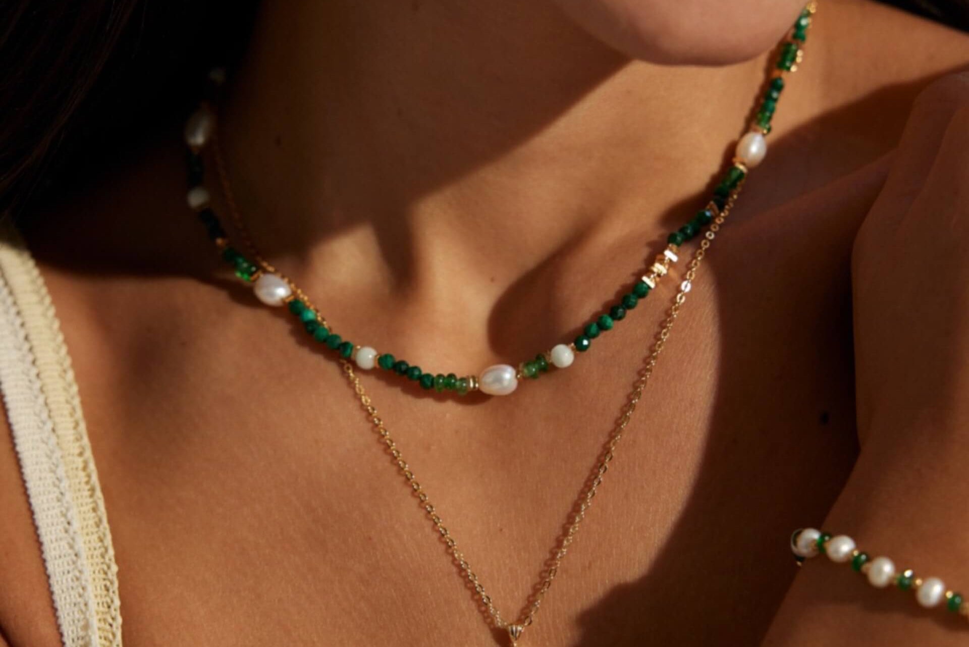 Gentle Wave |Vintage Malachite & Pearl Necklace D0502-2