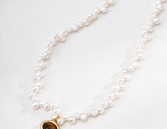 Petrified Wood Tiger's Eye & Pearl Necklace Caramel Macchiato Inspired Jewelry D0683-2