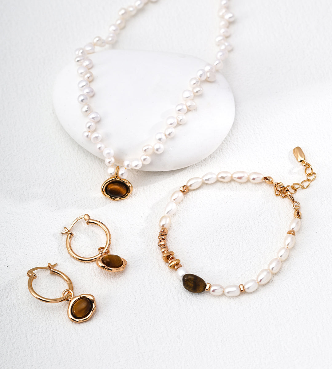 Petrified Wood Tiger's Eye & Pearl Necklace Caramel Macchiato Inspired Jewelry D0683-2