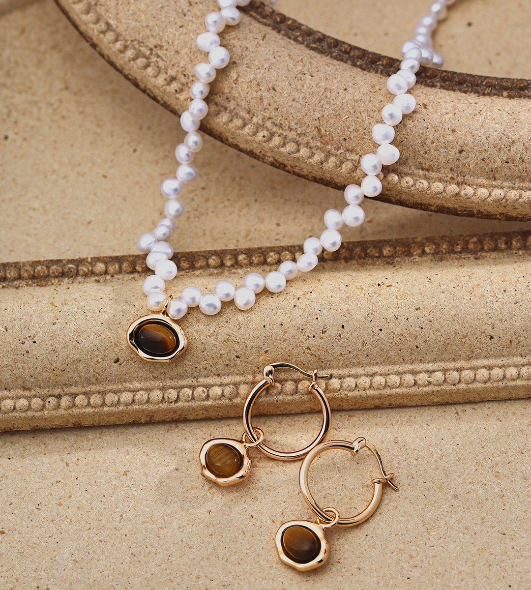 Petrified Wood Tiger's Eye & Pearl Necklace Caramel Macchiato Inspired Jewelry D0683-2