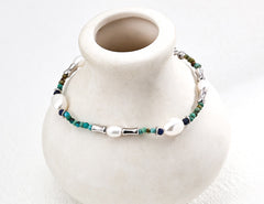 Gentlewaveco  Vintage Lapis Lazuli Turquoise Natural Pearl Adjustable Bracelet SL0196