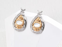 Gentlewaveco Dual-Tone Floral Mother of Pearl Lapis Lazuli Vintage Dangle Earrings E01242