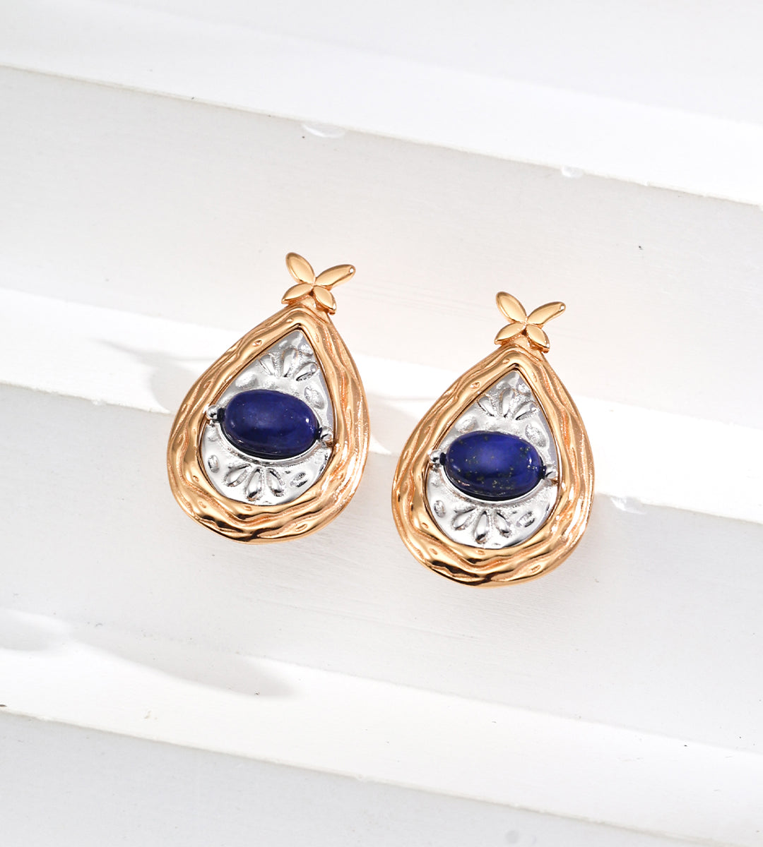 Gentlewaveco Dual-Tone Floral Mother of Pearl Lapis Lazuli Vintage Dangle Earrings E01242