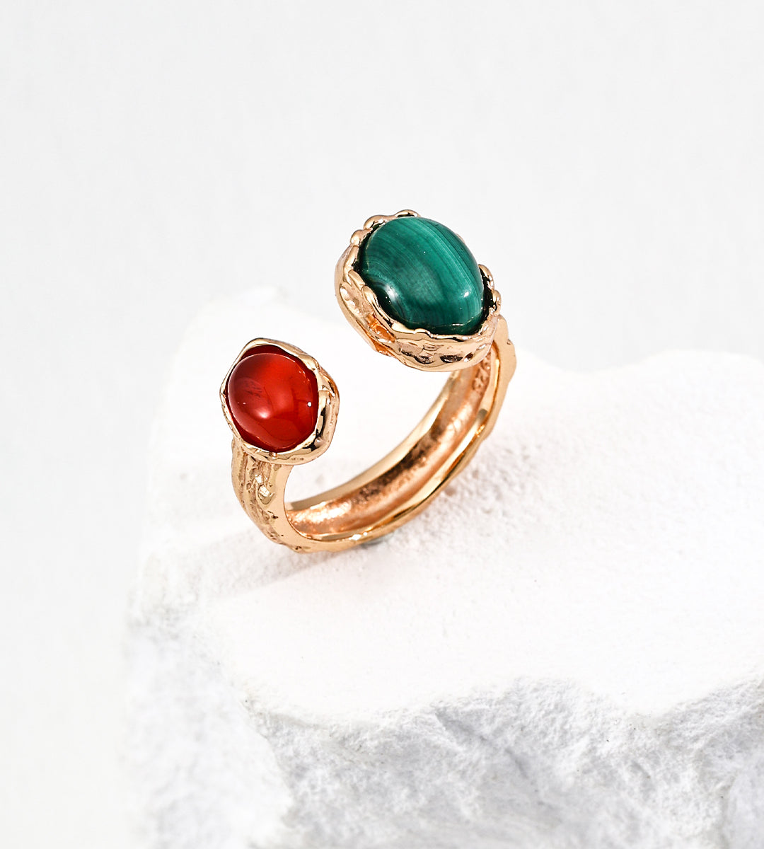 Gentlewaveco Vintage Malachite Red Carnelian Tiger Eye Adjustable Statement Ring J0295