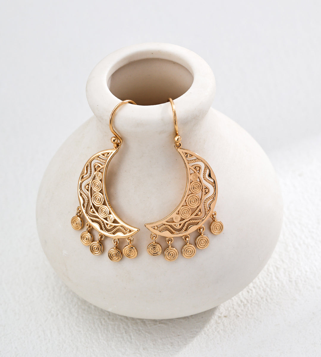 GentleWaveCo Vintage Crescent Silver Earrings - Ethnic Motif Design E01227
